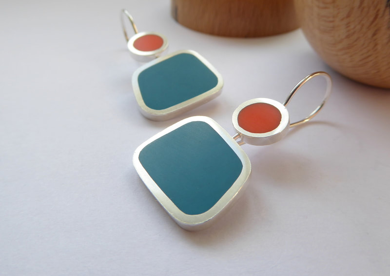 Modern Colour Block Square silver and resin earrings in teal blue and orange
